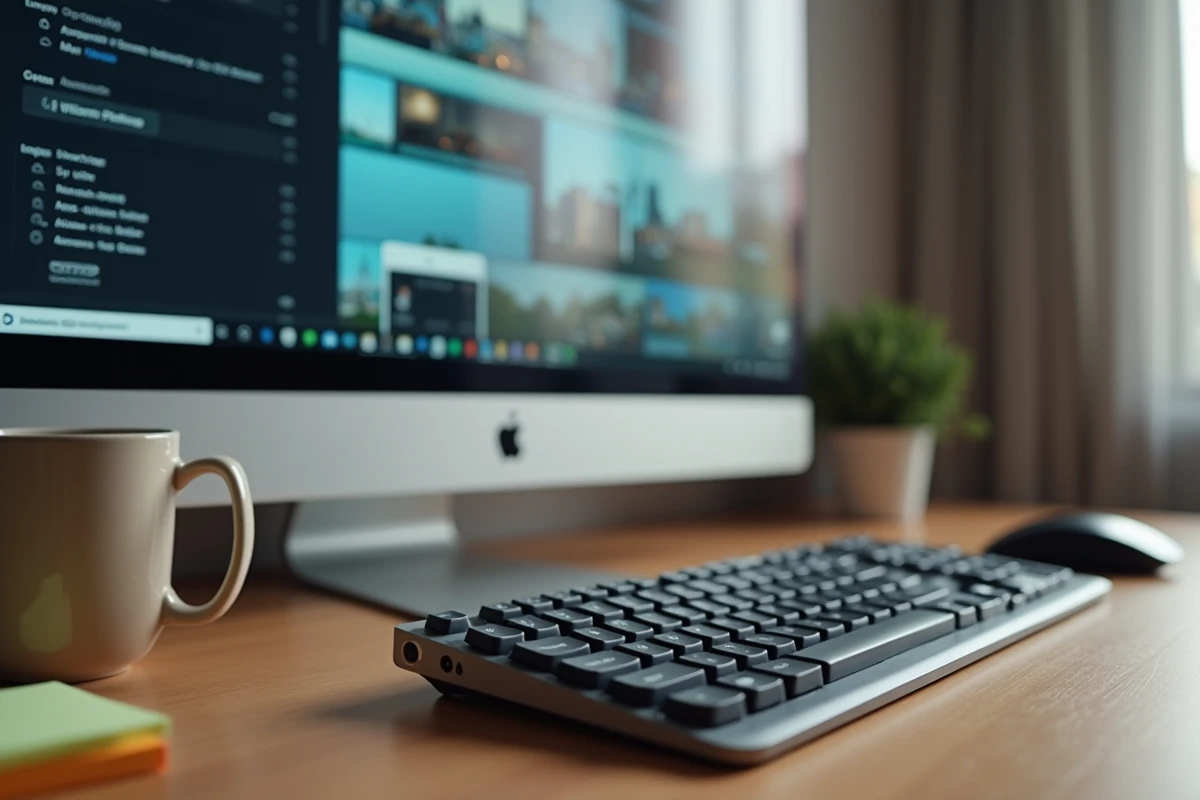 Bureau avec clavier et écran affichant une interface d'hébergement d'images en ligne avec miniatures