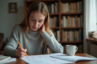 Jeune femme analysant les résultats d'un test d'écriture avec des annotations en stylo rouge sur une feuille imprimée, assise dans un bureau confortable
