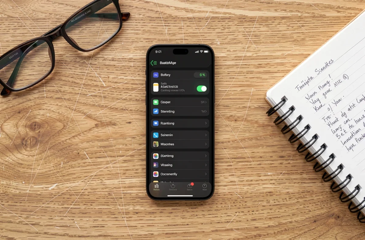Vue aérienne d'un iPhone 12 affichant les réglages de batterie posé sur un bureau en bois avec accessoires