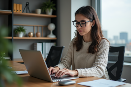 Jeune femme au bureau utilisant un lecteur d'écran
