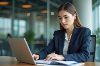 Jeune femme d'affaires concentrée au bureau avec ordinateur