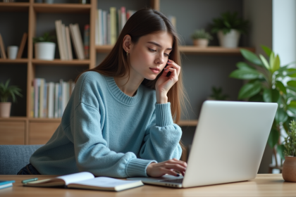 Jeune femme concentrée sur son ordinateur dans un bureau moderne