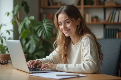 Jeune femme concentrée sur son ordinateur dans un bureau lumineux