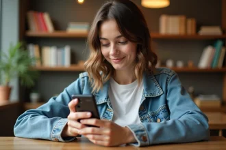 Jeune femme dans un café examine un Walkman Sony Ericsson