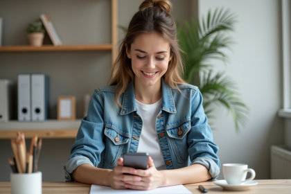 Jeune femme souriante avec smartphone dans un bureau moderne