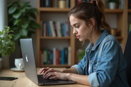 Jeune femme concentrée sur son ordinateur portable dans un bureau à domicile
