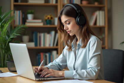 Jeune femme en blouse écouteurs transcrivant audio au bureau