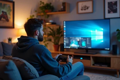 Jeune homme concentré jouant sur un grand écran dans un salon moderne