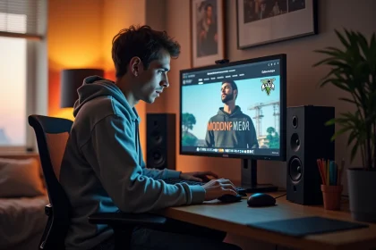 Jeune homme concentré devant son ordinateur pour GTA V
