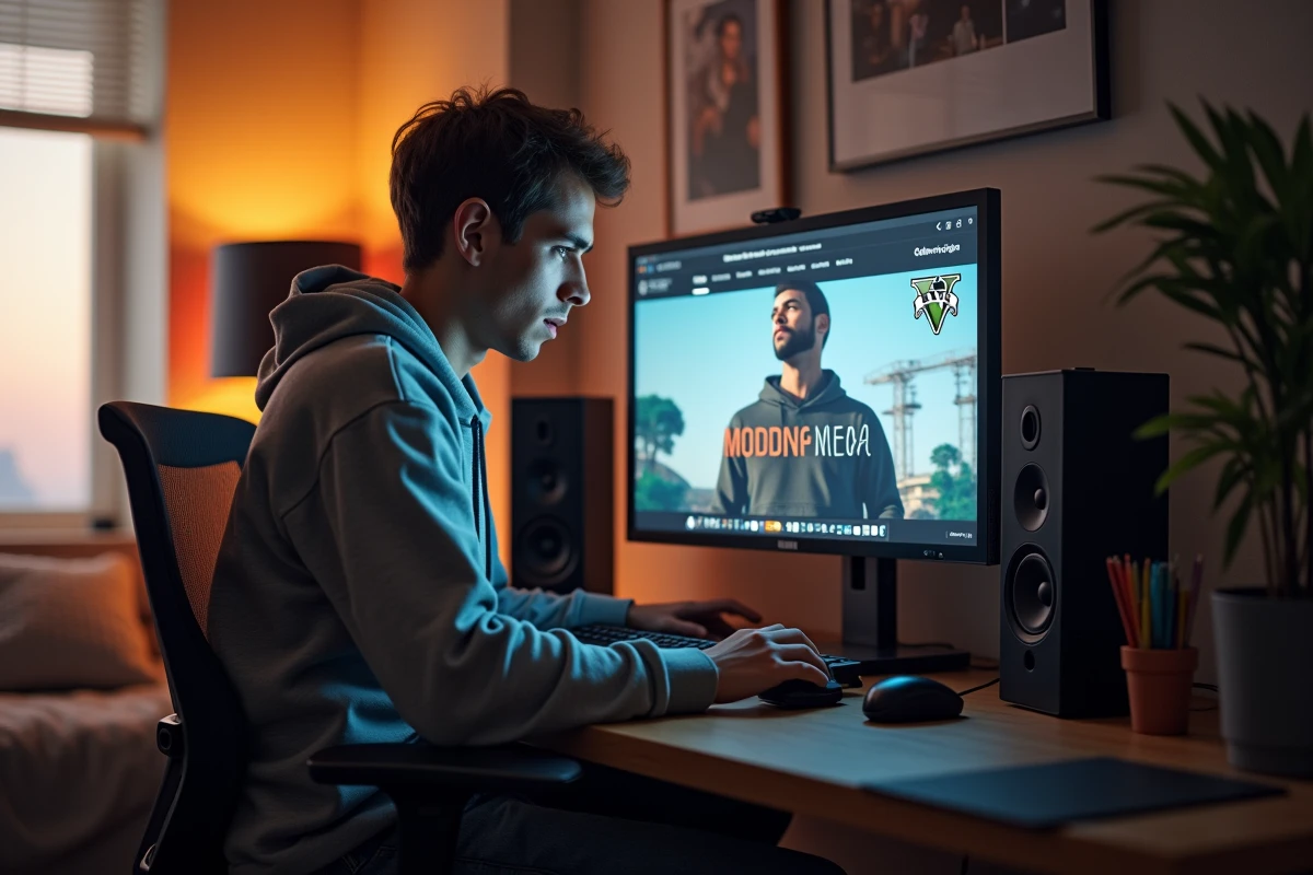 Jeune homme concentré devant son ordinateur pour GTA V