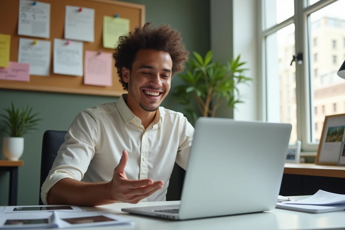 Jeune homme souriant devant son ordinateur au bureau