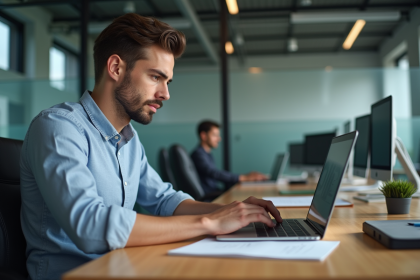 Jeune homme en tenue casual travaillant sur un ordinateur dans un bureau moderne