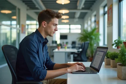 Jeune homme au bureau avec ordinateur portable dans un cadre scolaire