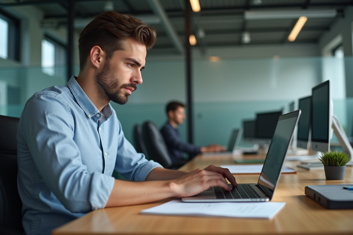 Jeune homme en tenue casual travaillant sur un ordinateur dans un bureau moderne