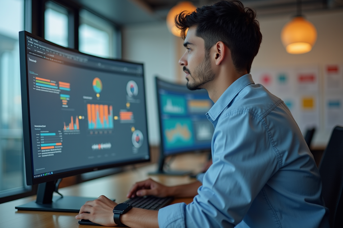 Jeune homme analysant workflows marketing sur grand ecran