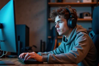 Jeune homme en hoodie avec casque sur un bureau moderne