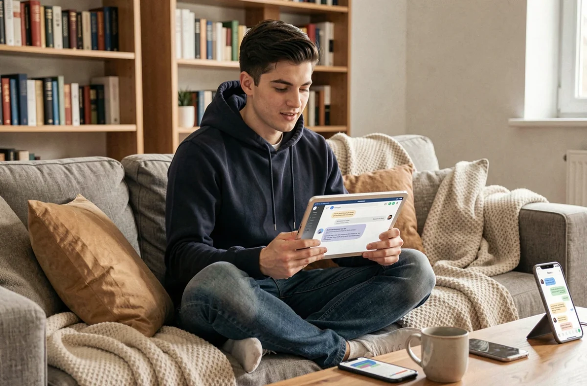 Jeune homme utilisant une tablette pour tester une intelligence artificielle gratuite dans un salon cosy