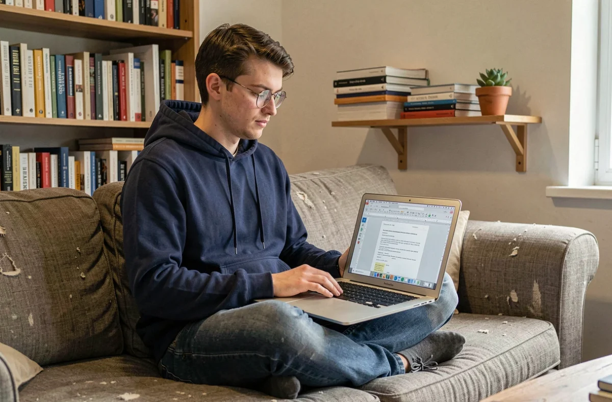 Jeune homme avec un MacBook ancien utilisant un logiciel de traitement de texte gratuit sur un canapé
