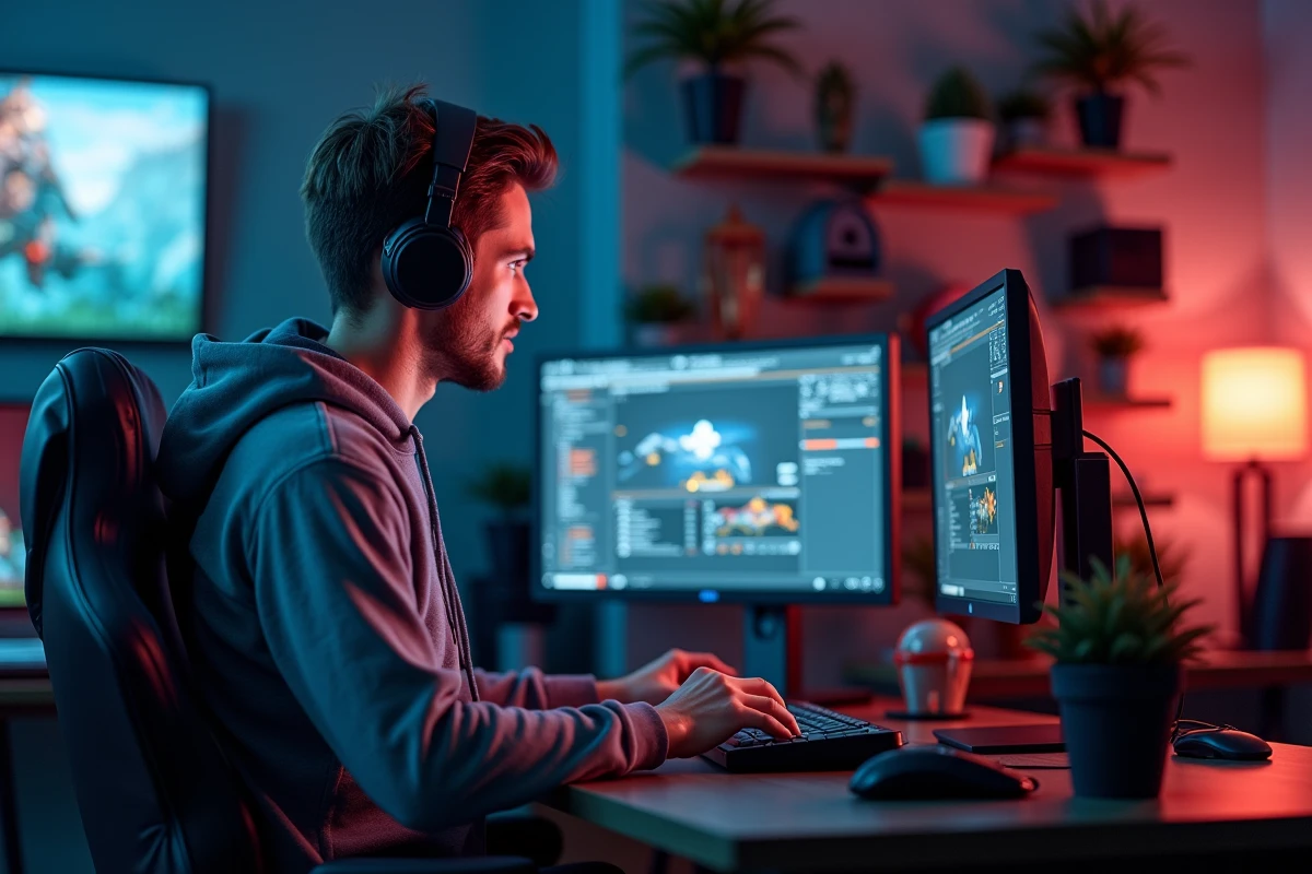 Jeune homme avec casque et hoodie concentré sur son ordinateur dans un bureau moderne