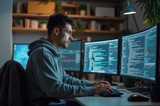 Jeune homme concentré devant plusieurs écrans en appartement