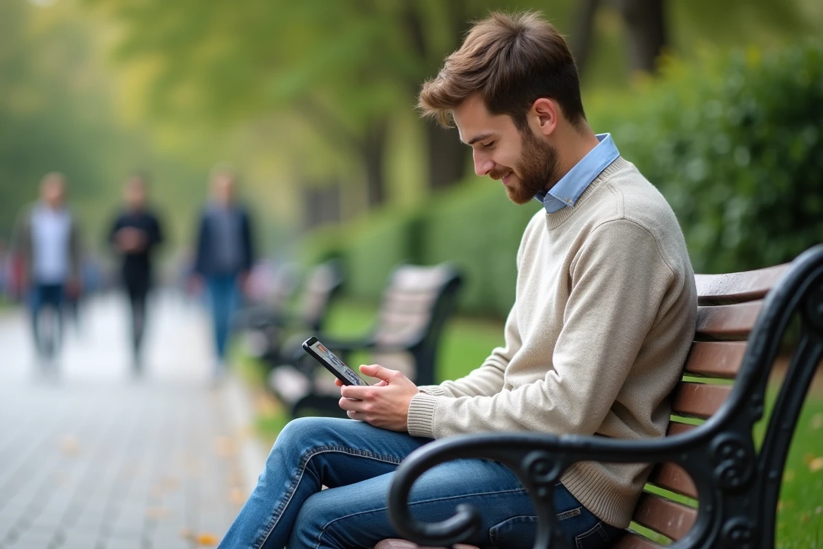 Jeune homme regarde son smartphone dans un parc urbain