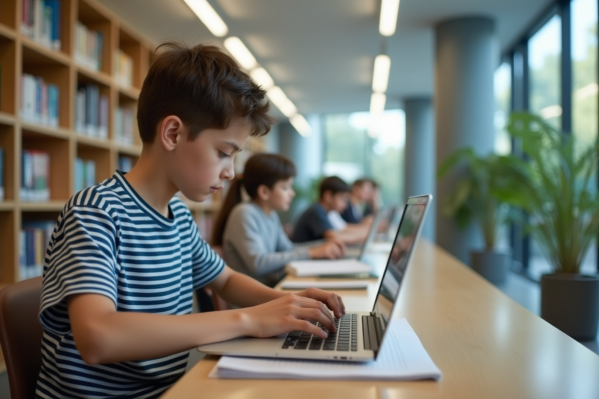 Adolescent concentré sur son ordinateur en bibliothèque