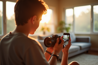 Jeune personne configurant une caméra Canon avec son smartphone
