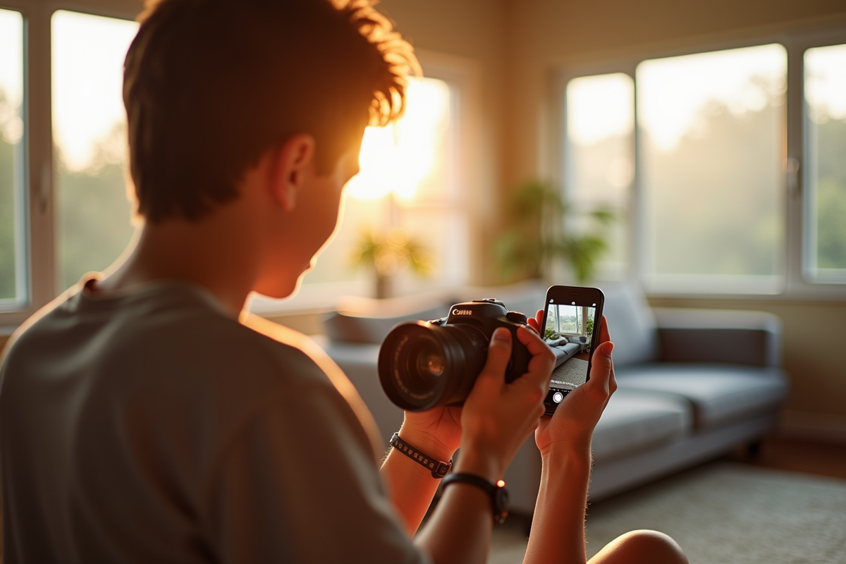Jeune personne configurant une caméra Canon avec son smartphone
