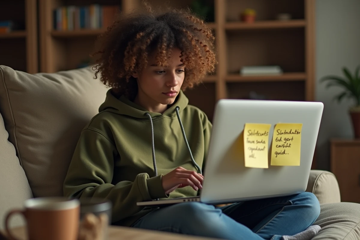 Jeune personne sur un canapé avec un ordinateur portable et une note autocollante indiquant les raccourcis pour taper É majuscule au clavier