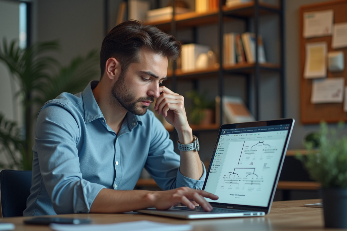 Jeune homme professionnel analysant un flowchart sur son ordinateur