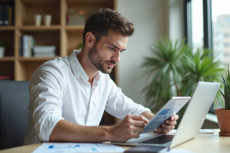 Jeune homme professionnel travaillant avec des graphiques