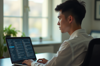 Jeune professionnel concentré sur son ordinateur dans un bureau lumineux