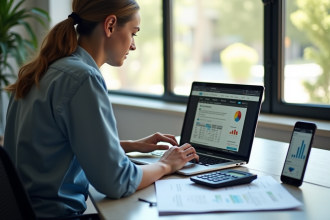 Jeune professionnel travaillant sur un ordinateur portable avec documents financiers