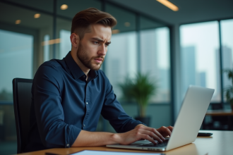 Jeune homme concentré travaillant sur son ordinateur au bureau