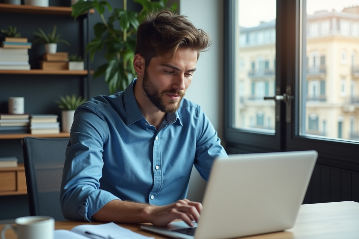 Jeune professionnel français étudiant des graphiques VPN sur son ordinateur