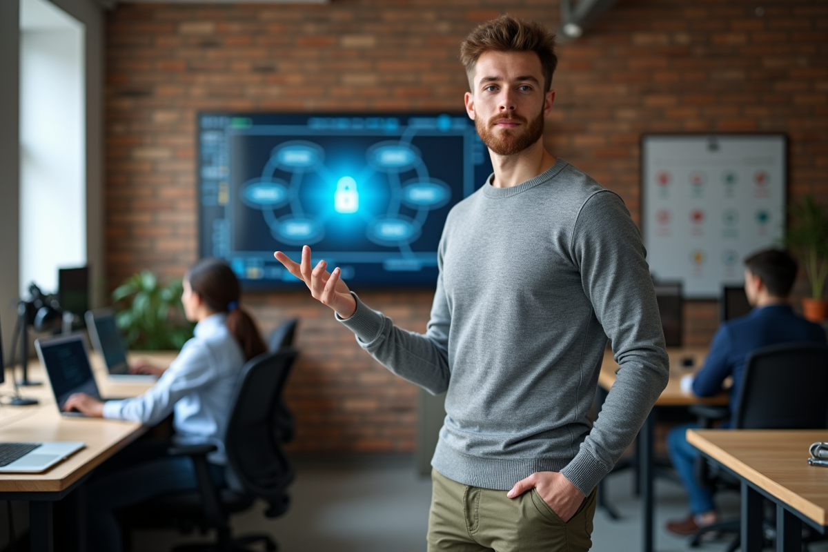 Jeune homme présentant un réseau virtuel dans un espace de travail collaboratif