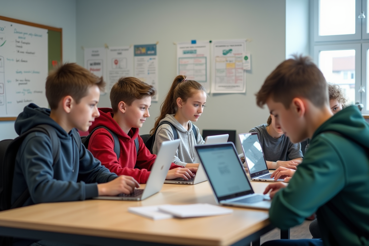 Jeunes lycéens utilisant MBN dans une salle moderne