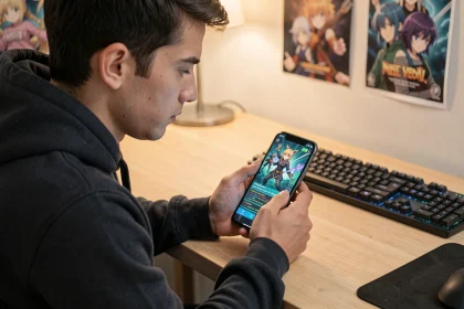 Joueur consultant les codes Saint Seiya Legend of Justice sur son smartphone à son bureau gaming