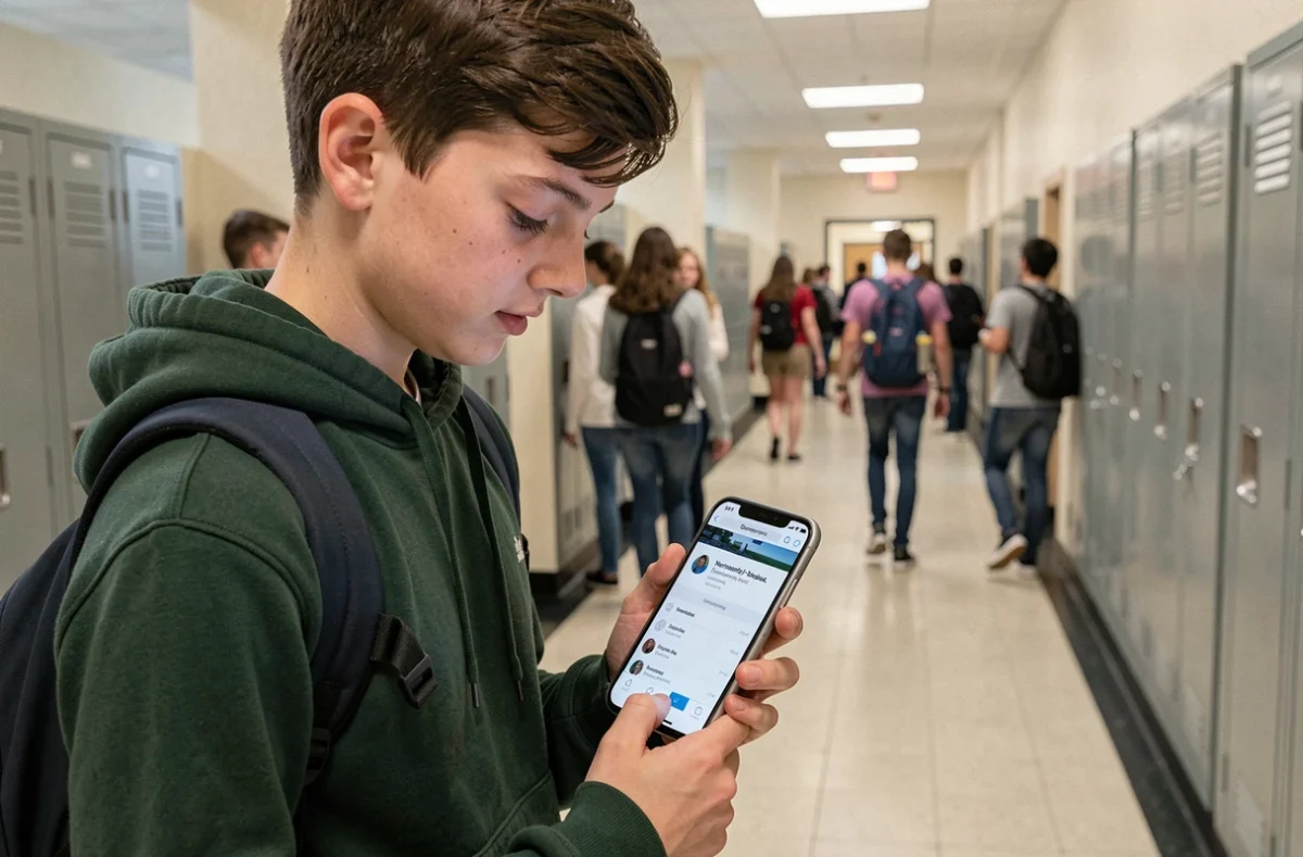Lycéen vérifiant ses mails Mel Normandie sur smartphone dans un couloir d'établissement scolaire