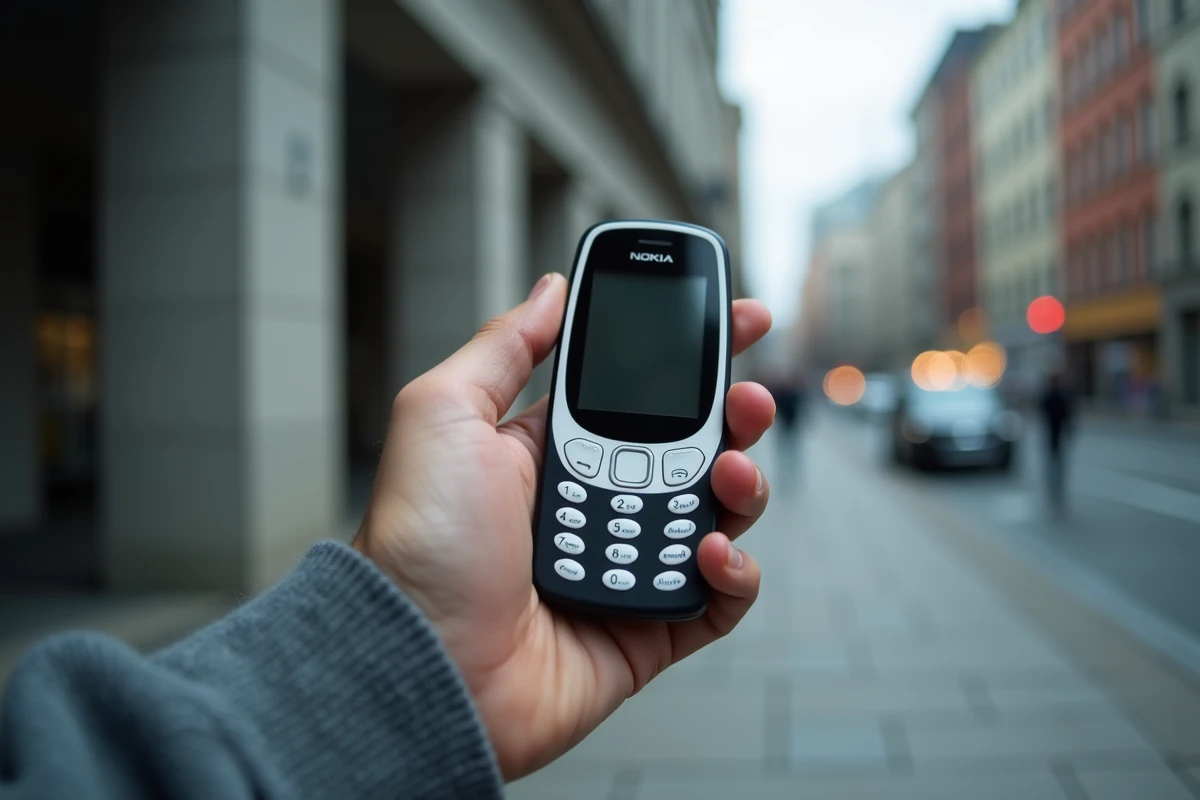 Main tenant un Nokia 3310 en extérieur urbain, navigation sur le clavier physique du téléphone