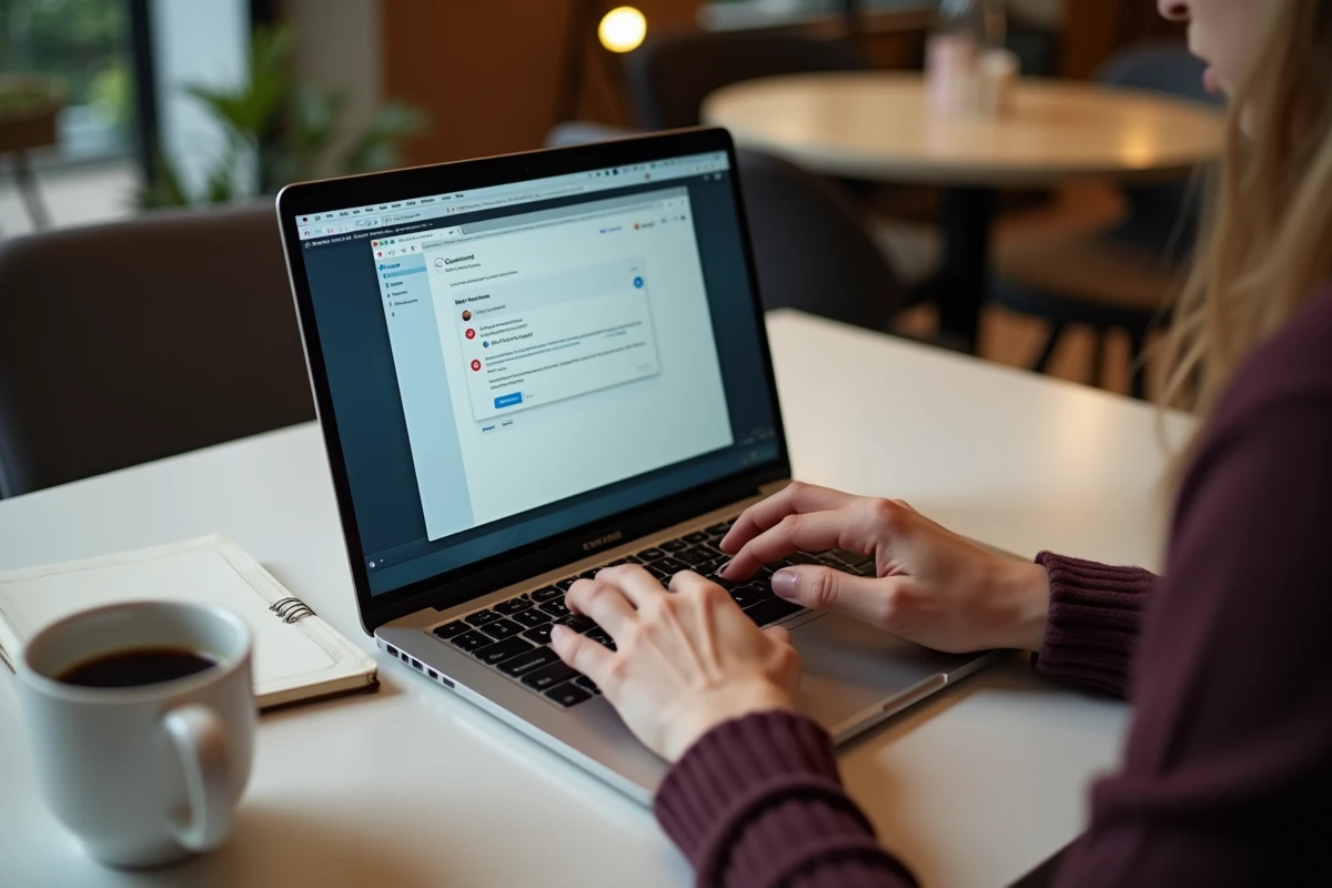 Mains sur un clavier d'ordinateur portable affichant une erreur de connexion à la messagerie Mel ouvert dans un café