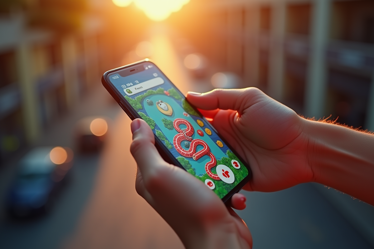 Mains utilisant un smartphone avec le jeu Snake coloré