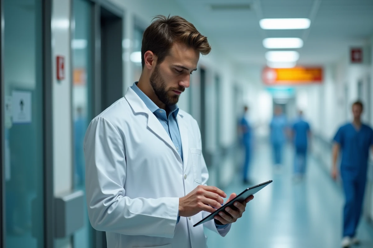 Médecin en blouse blanche consultant ses emails professionnels sur tablette dans un couloir d'hôpital APHP