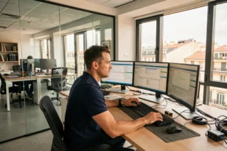 Vue d'ensemble d'un bureau de dépannage informatique professionnel à Marseille avec un technicien au travail sur plusieurs écrans
