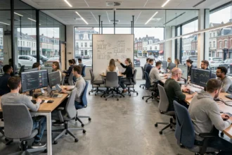 Vue panoramique d'un open space technologique moderne dans le Nord de la France avec des professionnels collaborant autour d'écrans et de tableaux de bord numériques