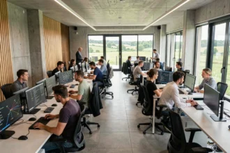 Vue panoramique d'un bureau informatique moderne dans l'Ain avec des professionnels collaborant autour de postes de travail connectés