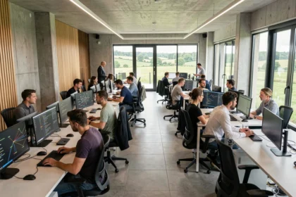 Vue panoramique d'un bureau informatique moderne dans l'Ain avec des professionnels collaborant autour de postes de travail connectés
