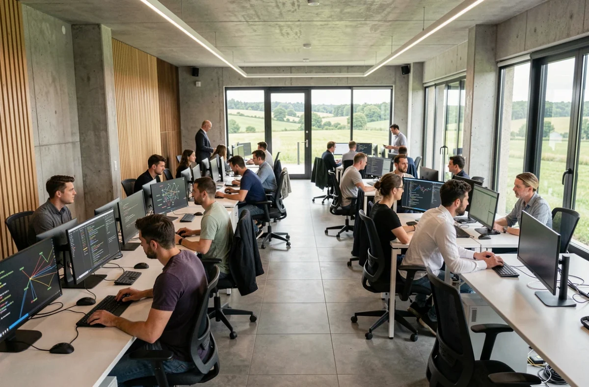 Vue panoramique d'un bureau informatique moderne dans l'Ain avec des professionnels collaborant autour de postes de travail connectés