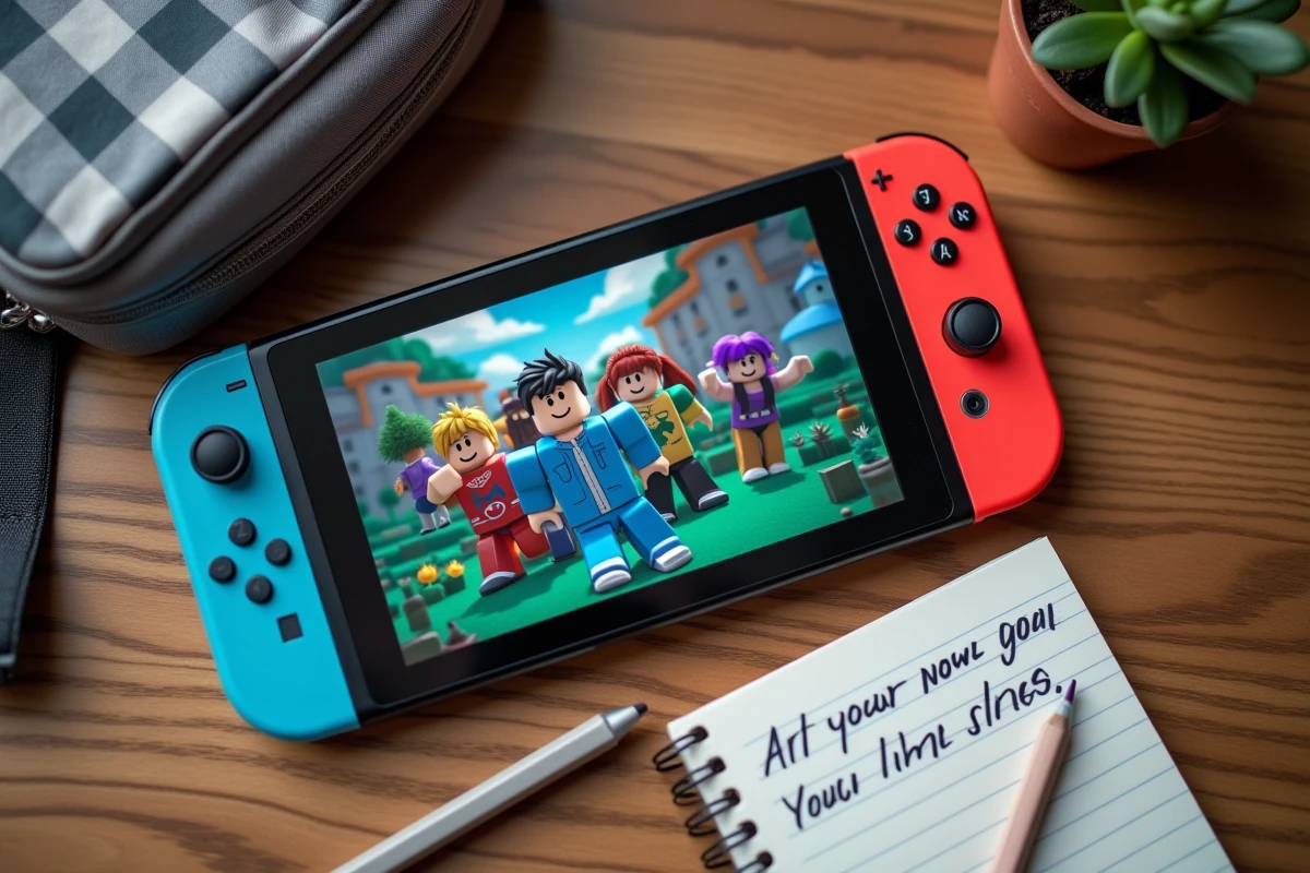 Nintendo Switch posée sur un bureau avec notes parentales et jeu Roblox visible sur l'écran