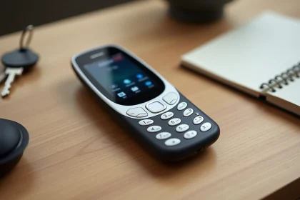 Nokia 3310 posé sur un bureau en bois avec des accessoires du quotidien, vue de dessus style flat lay